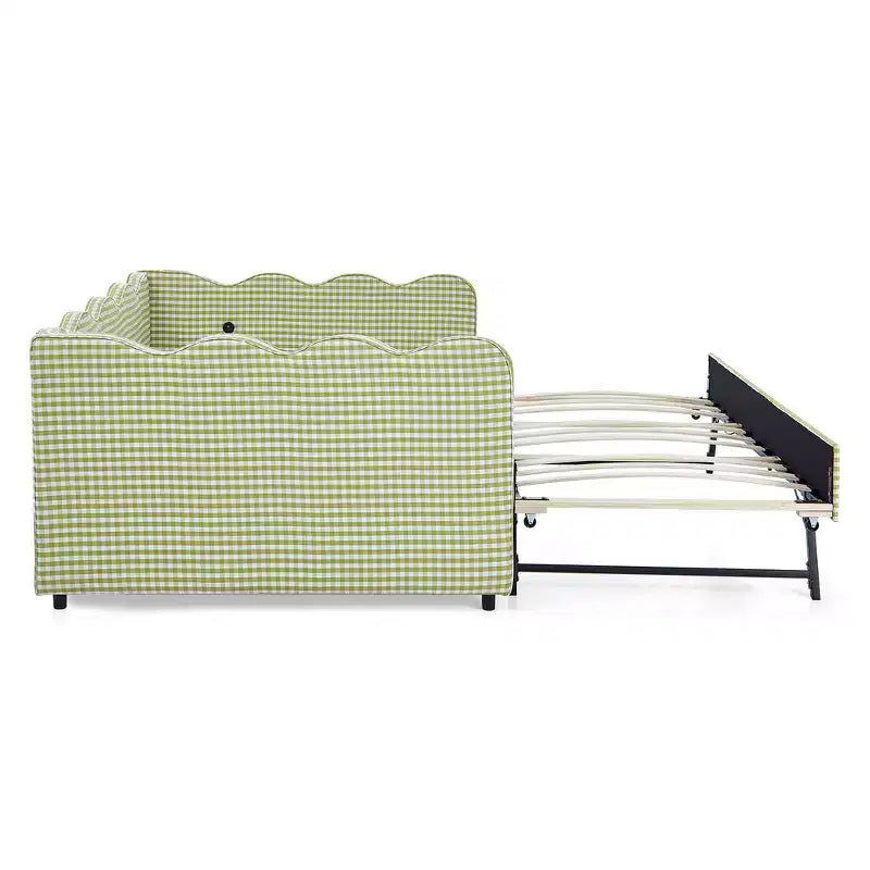 Daybed Zeus & Ruta con letto estraibile - Tessuto di lino Gingham, testiera ondulata e porta di ricarica USB