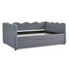 Daybed Zeus & Ruta con letto estraibile - Tessuto di lino Gingham, testiera ondulata e porta di ricarica USB