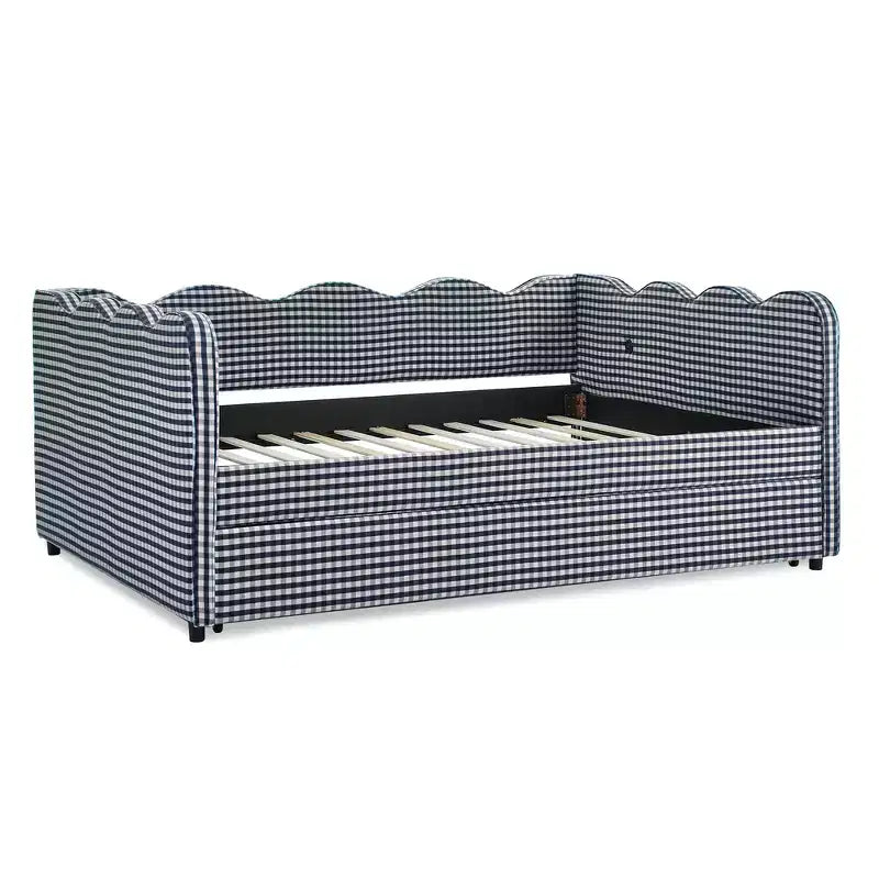 Daybed Zeus & Ruta con letto estraibile - Tessuto di lino Gingham, testiera ondulata e porta di ricarica USB