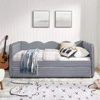 Daybed Zeus & Ruta con letto estraibile - Tessuto di lino Gingham, testiera ondulata e porta di ricarica USB
