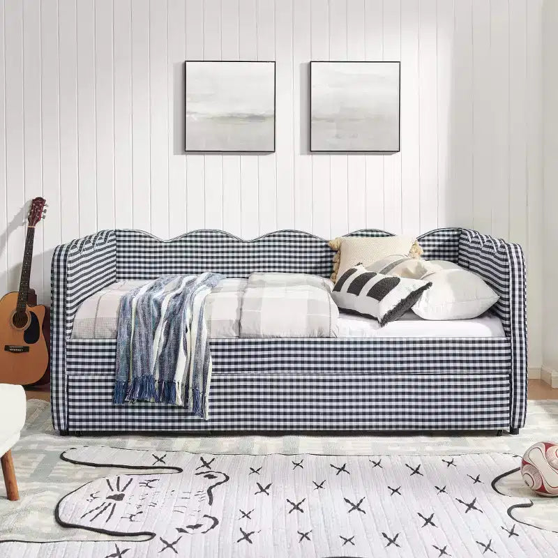 Daybed Zeus & Ruta con letto estraibile - Tessuto di lino Gingham, testiera ondulata e porta di ricarica USB