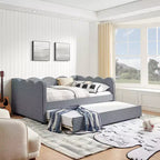 Daybed Zeus & Ruta con letto estraibile - Tessuto di lino Gingham, testiera ondulata e porta di ricarica USB