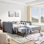 Daybed Zeus & Ruta con letto estraibile - Tessuto di lino Gingham, testiera ondulata e porta di ricarica USB