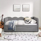 Daybed Zeus & Ruta con letto estraibile - Tessuto di lino Gingham, testiera ondulata e porta di ricarica USB