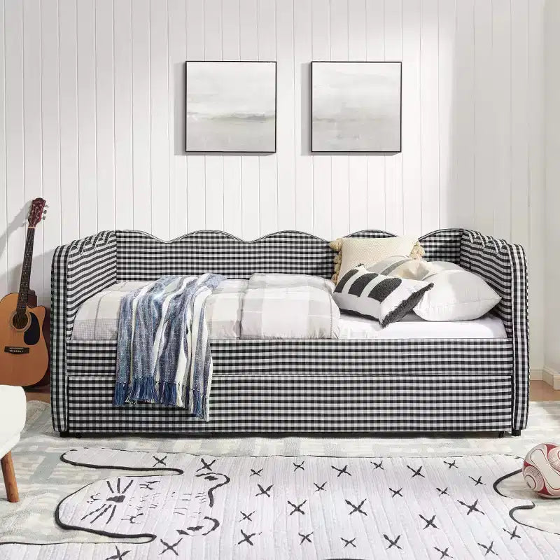 Daybed Zeus & Ruta con letto estraibile - Tessuto di lino Gingham, testiera ondulata e porta di ricarica USB