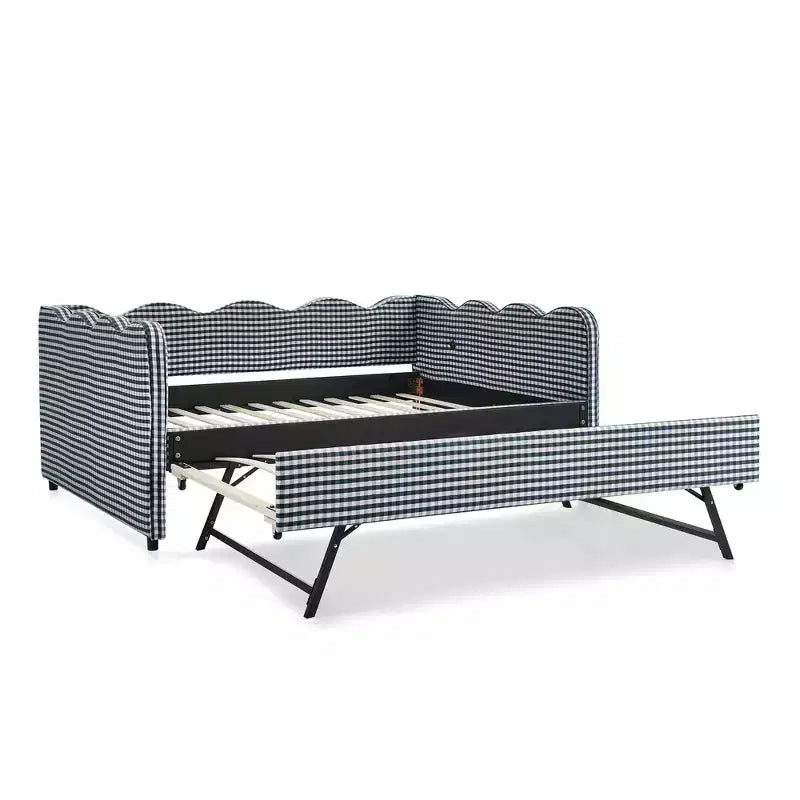Daybed Zeus & Ruta con letto estraibile - Tessuto di lino Gingham, testiera ondulata e porta di ricarica USB