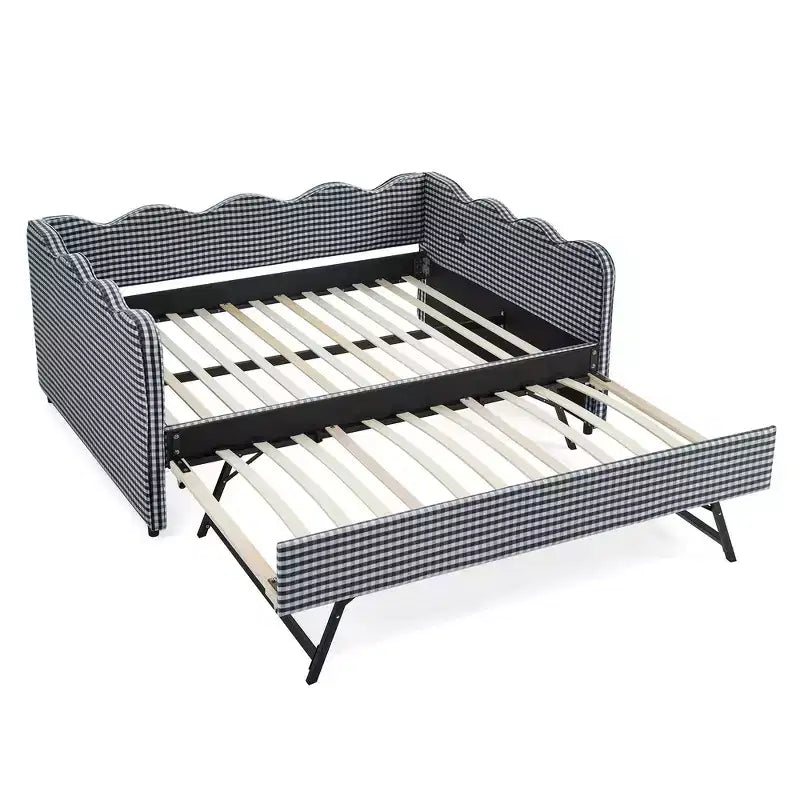 Daybed Zeus & Ruta con letto estraibile - Tessuto di lino Gingham, testiera ondulata e porta di ricarica USB