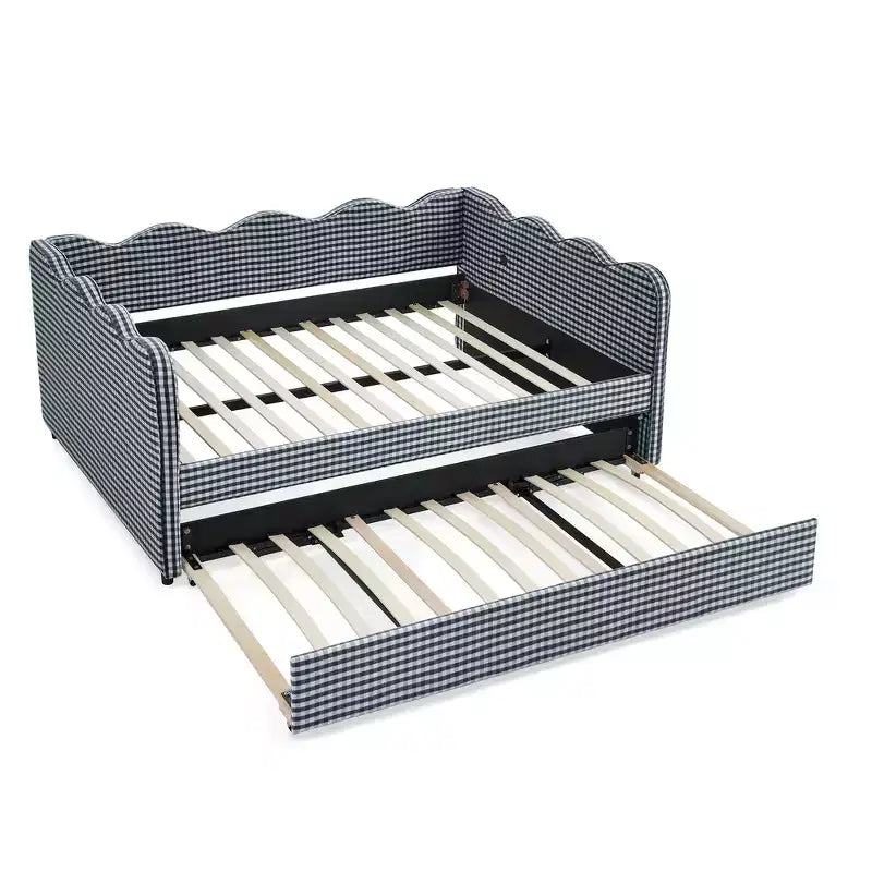 Daybed Zeus & Ruta con letto estraibile - Tessuto di lino Gingham, testiera ondulata e porta di ricarica USB