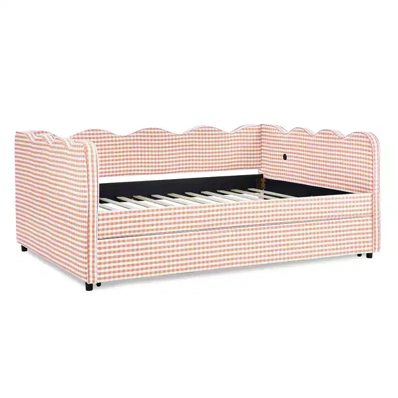 Daybed Zeus & Ruta con letto estraibile - Tessuto di lino Gingham, testiera ondulata e porta di ricarica USB