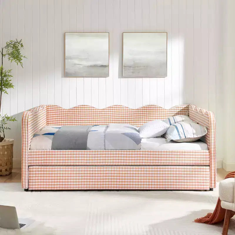 Daybed Zeus & Ruta con letto estraibile - Tessuto di lino Gingham, testiera ondulata e porta di ricarica USB