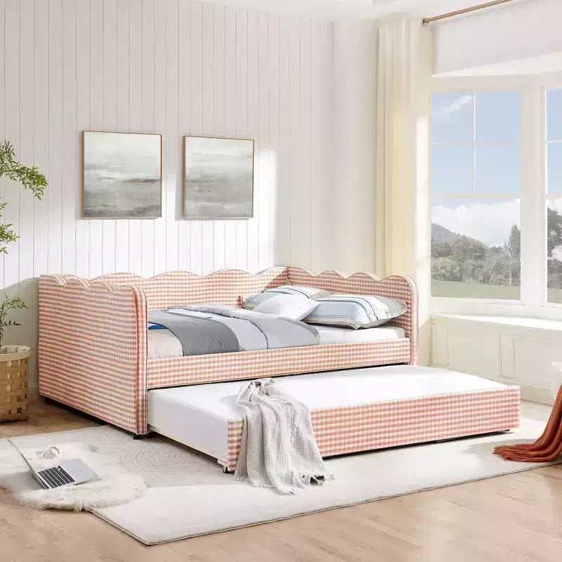 Daybed Zeus & Ruta con letto estraibile - Tessuto di lino Gingham, testiera ondulata e porta di ricarica USB