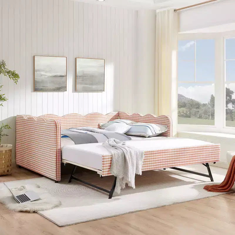 Daybed Zeus & Ruta con letto estraibile - Tessuto di lino Gingham, testiera ondulata e porta di ricarica USB