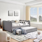 Daybed Zeus & Ruta con letto estraibile - Tessuto di lino Gingham, testiera ondulata e porta di ricarica USB