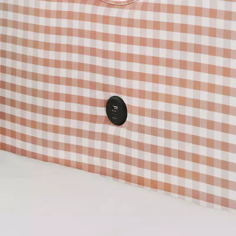 Daybed Zeus & Ruta con letto estraibile - Tessuto di lino Gingham, testiera ondulata e porta di ricarica USB