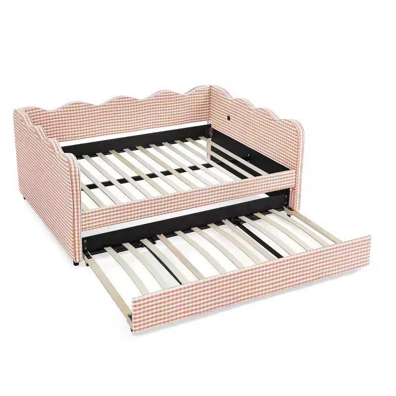 Daybed Zeus & Ruta con letto estraibile - Tessuto di lino Gingham, testiera ondulata e porta di ricarica USB