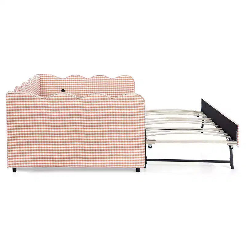 Daybed Zeus & Ruta con letto estraibile - Tessuto di lino Gingham, testiera ondulata e porta di ricarica USB