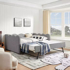 Daybed Zeus & Ruta con letto estraibile - Tessuto di lino Gingham, testiera ondulata e porta di ricarica USB
