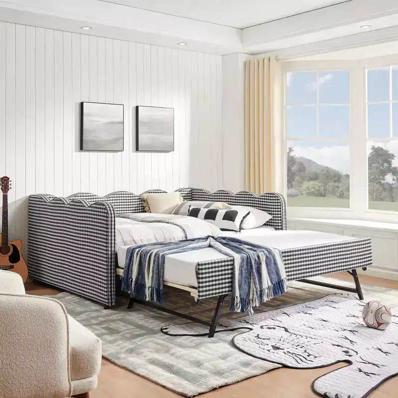 Daybed Zeus & Ruta con letto estraibile - Tessuto di lino Gingham, testiera ondulata e porta di ricarica USB