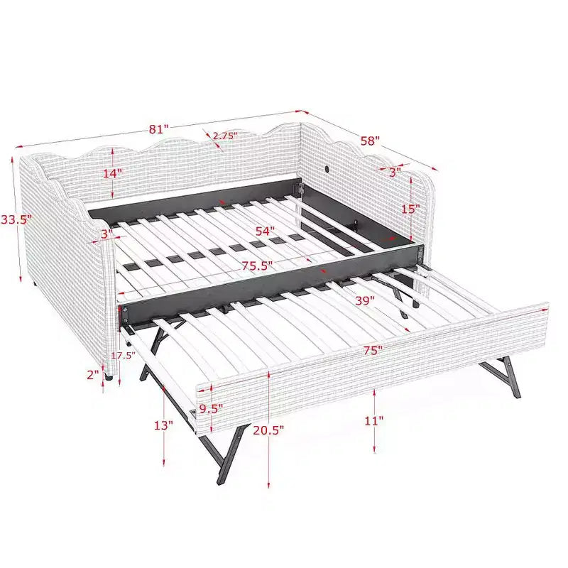 Daybed Zeus & Ruta con letto estraibile - Tessuto di lino Gingham, testiera ondulata e porta di ricarica USB