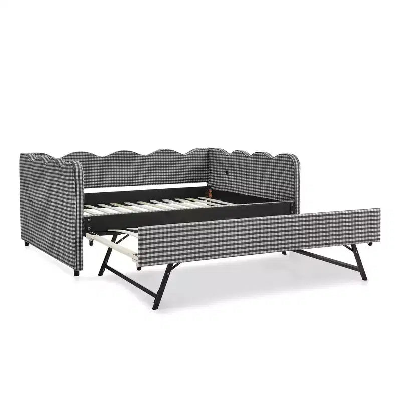 Daybed Zeus & Ruta con letto estraibile - Tessuto di lino Gingham, testiera ondulata e porta di ricarica USB