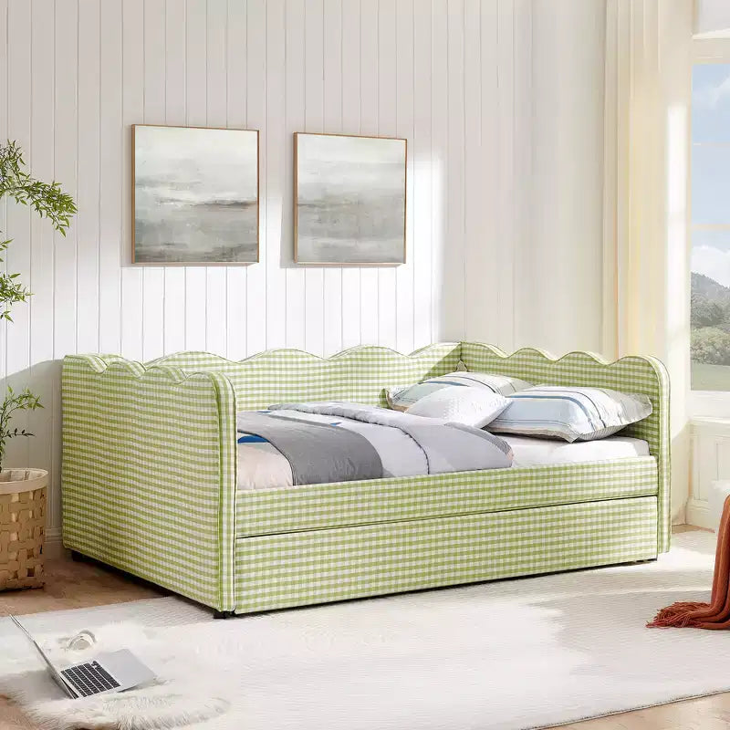 Daybed Zeus & Ruta con letto estraibile - Tessuto di lino Gingham, testiera ondulata e porta di ricarica USB