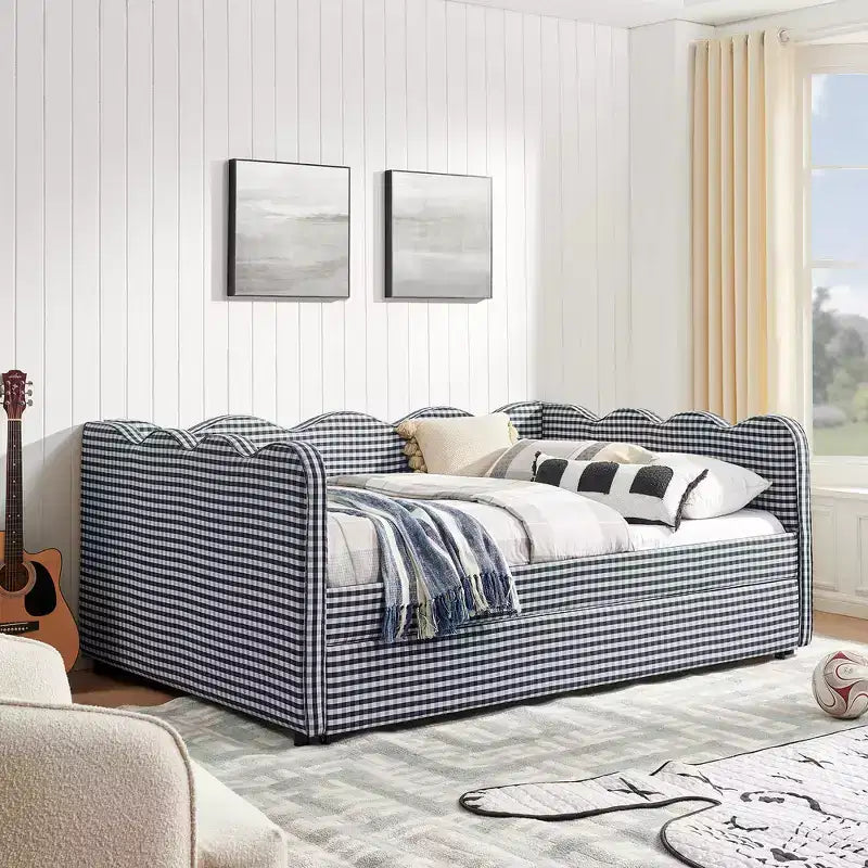 Daybed Zeus & Ruta con letto estraibile - Tessuto di lino Gingham, testiera ondulata e porta di ricarica USB