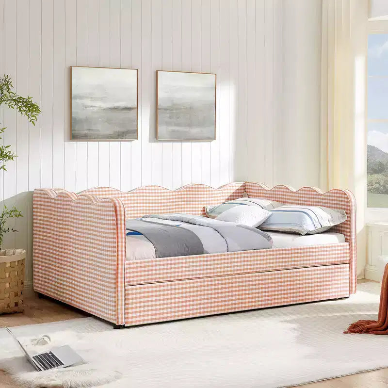Daybed Zeus & Ruta con letto estraibile - Tessuto di lino Gingham, testiera ondulata e porta di ricarica USB
