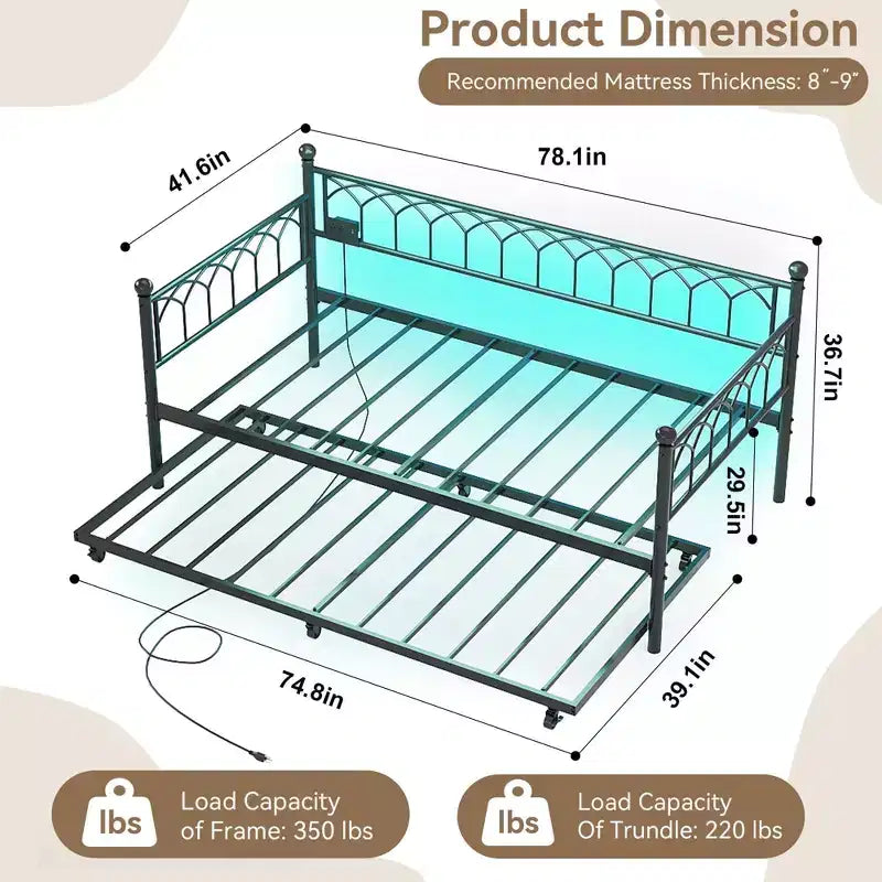 Divano letto con rotelle, Letto singolo estraibile in metallo, Struttura divano letto con letto estraibile per soggiorno, camera degli ospiti