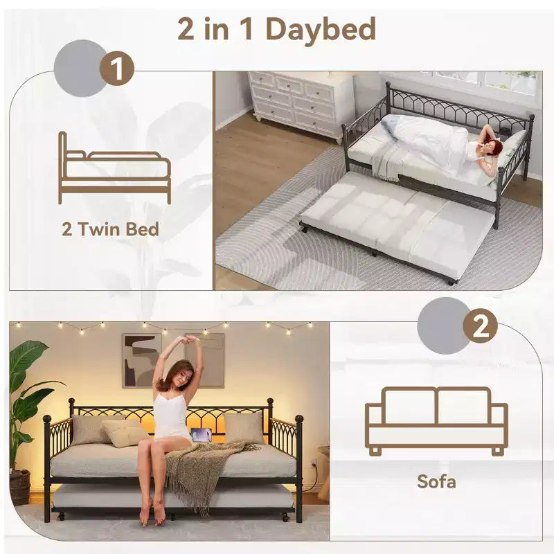 Divano letto con rotelle, Letto singolo estraibile in metallo, Struttura divano letto con letto estraibile per soggiorno, camera degli ospiti
