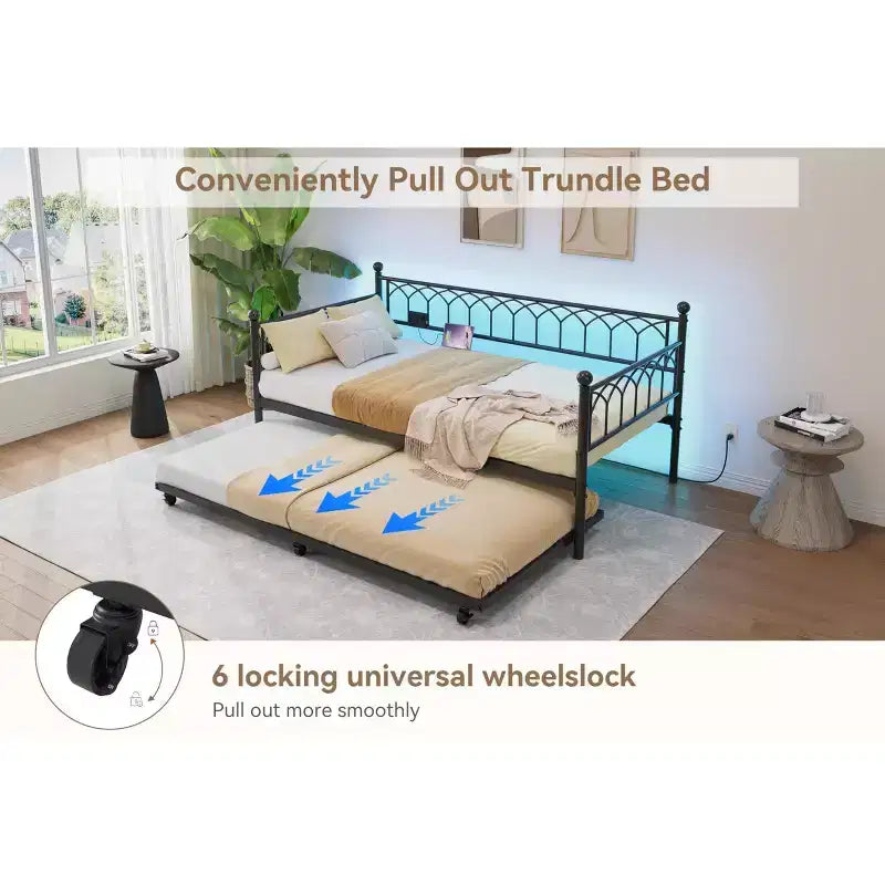 Divano letto con rotelle, Letto singolo estraibile in metallo, Struttura divano letto con letto estraibile per soggiorno, camera degli ospiti