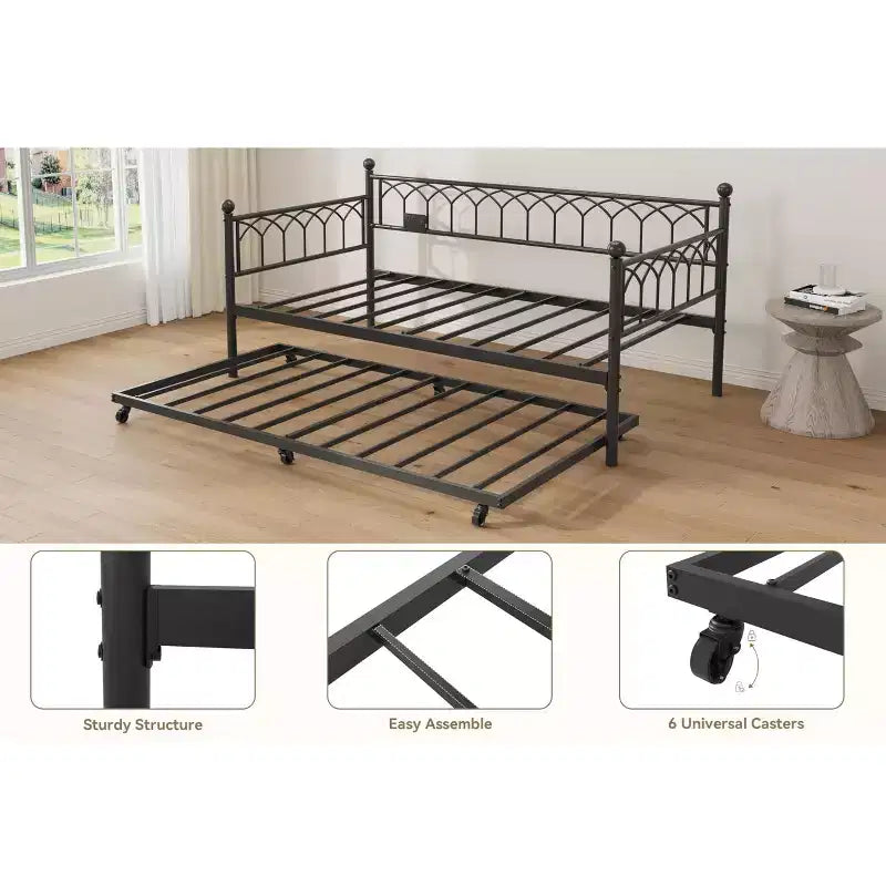 Divano letto con rotelle, Letto singolo estraibile in metallo, Struttura divano letto con letto estraibile per soggiorno, camera degli ospiti