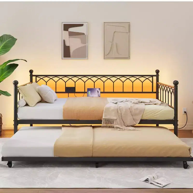 Daybed with Trundle, Metal Twin Trundle Bed, Sofa Beds Frame with Pull Out Bed for Living Room, Guest Room