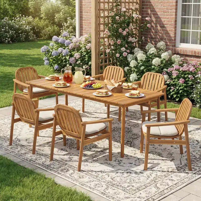 Christopher Knight Home Priya Set da pranzo da esterno 7 pezzi in legno di acacia con tavolo rettangolare a doghe in stile rustico