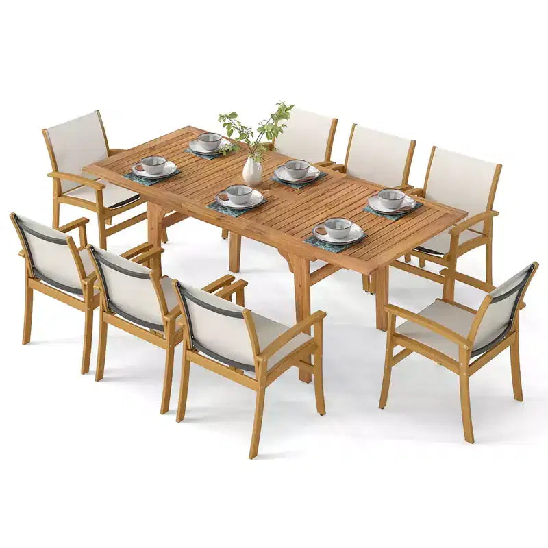 Set da Pranzo da Esterno Costway 9 Pezzi in Legno di Acacia con Foro per Ombrellone da 1,97" per Giardino, Cortile
