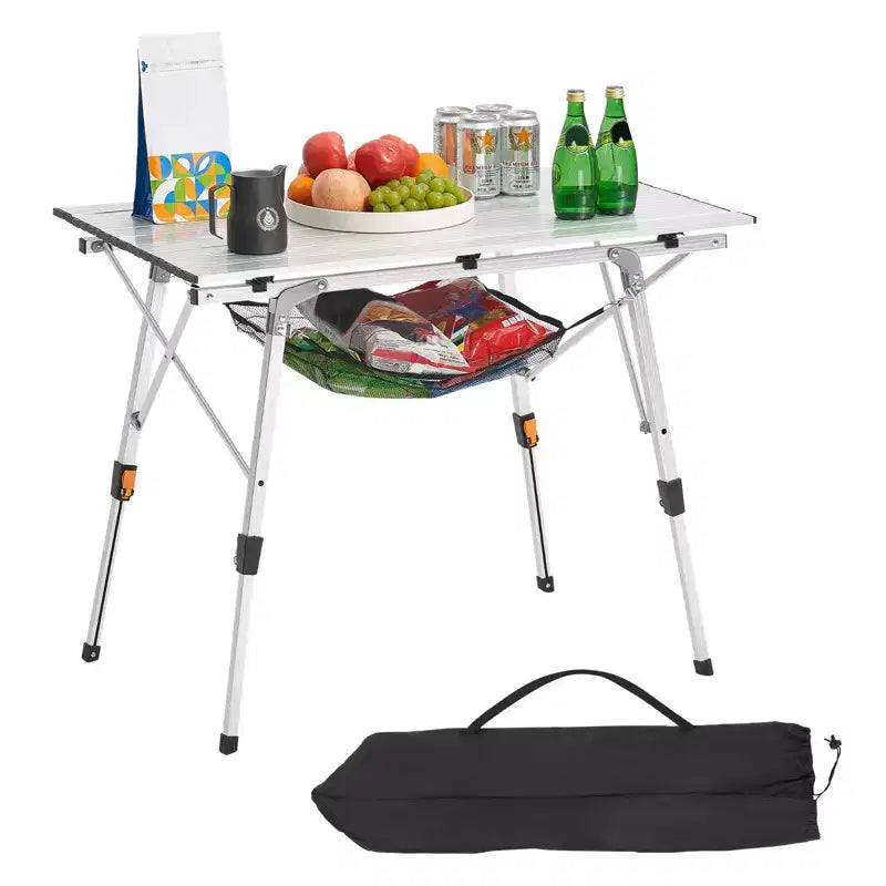 Folding Camping Table Roll Up Aluminum Outdoor Table with Adjustable Height Mesh Shelf and Carry Bag