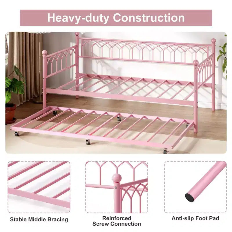 COZONY Letto a giorno/letto estraibile una piazza, struttura in acciaio con doghe, ruote bloccabili, rosa