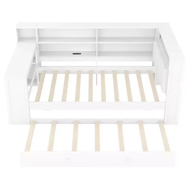 GDFStudio Brewer Letto a piattaforma in legno con ripiani portaoggetti, letto estraibile, stazione di ricarica e LED