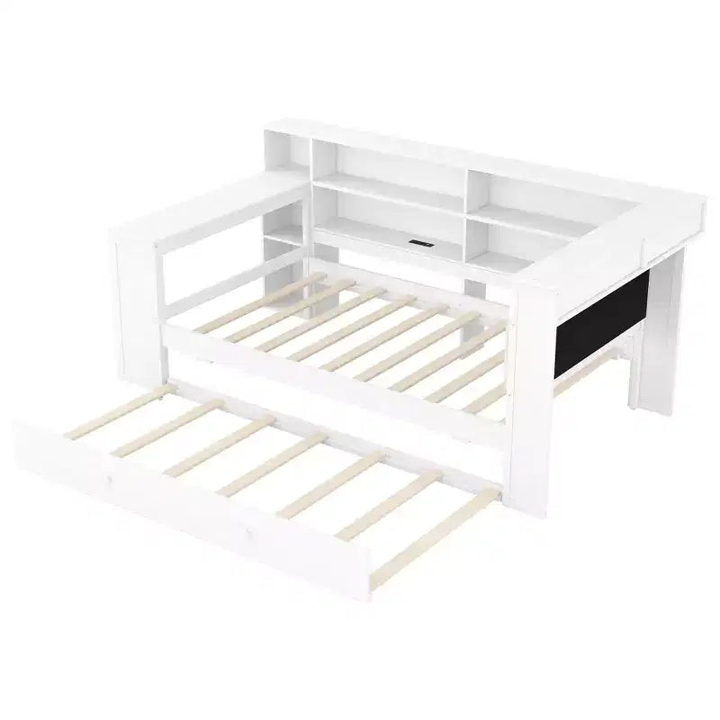 GDFStudio Brewer Letto a piattaforma in legno con ripiani portaoggetti, letto estraibile, stazione di ricarica e LED