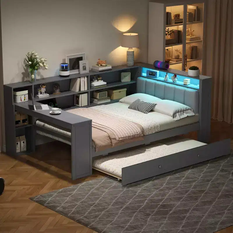 GDFStudio Brewer Letto a piattaforma in legno con ripiani portaoggetti, letto estraibile, stazione di ricarica e LED
