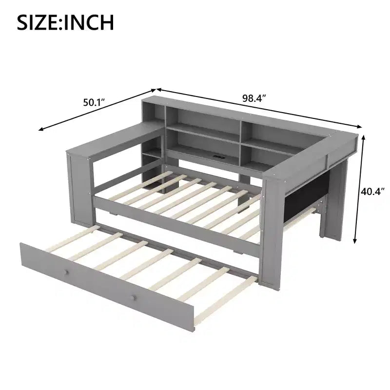 GDFStudio Brewer Letto a piattaforma in legno con ripiani portaoggetti, letto estraibile, stazione di ricarica e LED