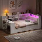 GDFStudio Brewer Letto a piattaforma in legno con ripiani portaoggetti, letto estraibile, stazione di ricarica e LED