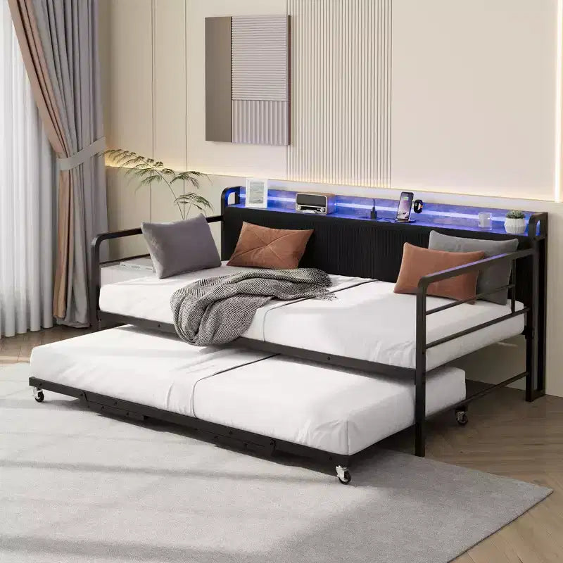 Divano Letto Singolo con Letto Estraibile, Struttura in Metallo con Stazione di Ricarica e Testiera Imbottita con Contenitore, Divano Letto in Metallo per Camera da Letto, Camera degli Ospiti
