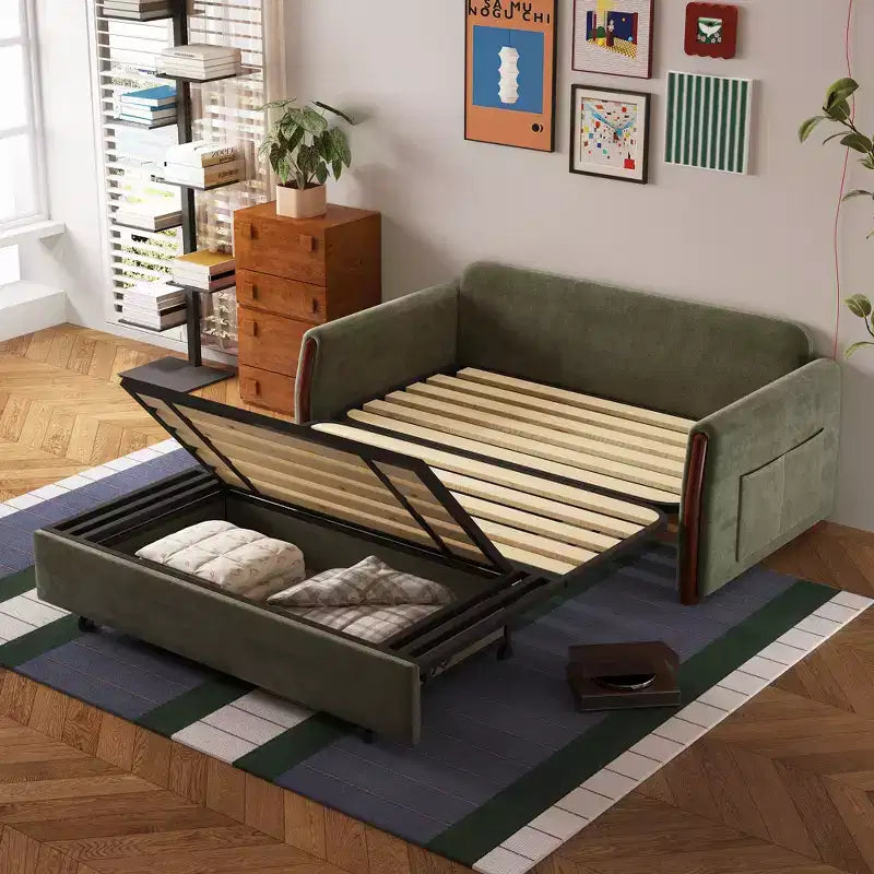 Divano Letto Convertibile In Tessuto Con Contenitore Luck Live 62.9, Divano Letto Con Rivestimento In Legno Massello Per Soggiorni E Appartamenti Di Piccole Dimensioni