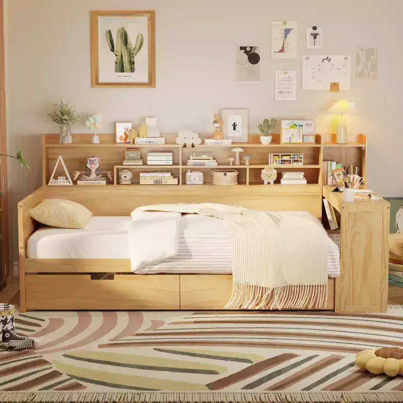 Bellemave Letto a Giorno in Legno con Ripiani, 2 Cassetti e Scrivania Integrata, Letto Multifunzione Salvaspazio Matrimoniale/Singolo, Naturale o Bianco Antico