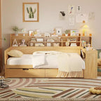 Bellemave Letto a Giorno in Legno con Ripiani, 2 Cassetti e Scrivania Integrata, Letto Multifunzione Salvaspazio Matrimoniale/Singolo, Naturale o Bianco Antico