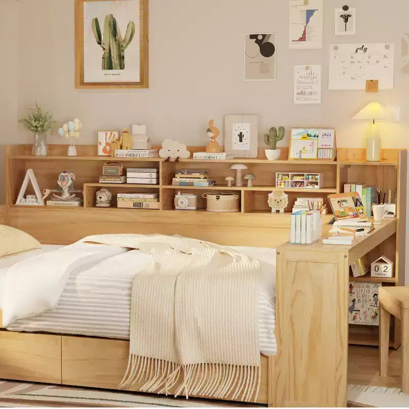 Bellemave Letto a Giorno in Legno con Ripiani, 2 Cassetti e Scrivania Integrata, Letto Multifunzione Salvaspazio Matrimoniale/Singolo, Naturale o Bianco Antico