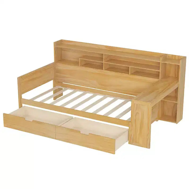 Bellemave Letto a Giorno in Legno con Ripiani, 2 Cassetti e Scrivania Integrata, Letto Multifunzione Salvaspazio Matrimoniale/Singolo, Naturale o Bianco Antico