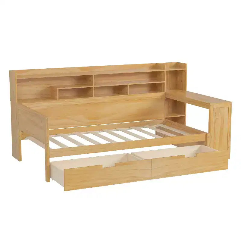 Bellemave Letto a Giorno in Legno con Ripiani, 2 Cassetti e Scrivania Integrata, Letto Multifunzione Salvaspazio Matrimoniale/Singolo, Naturale o Bianco Antico