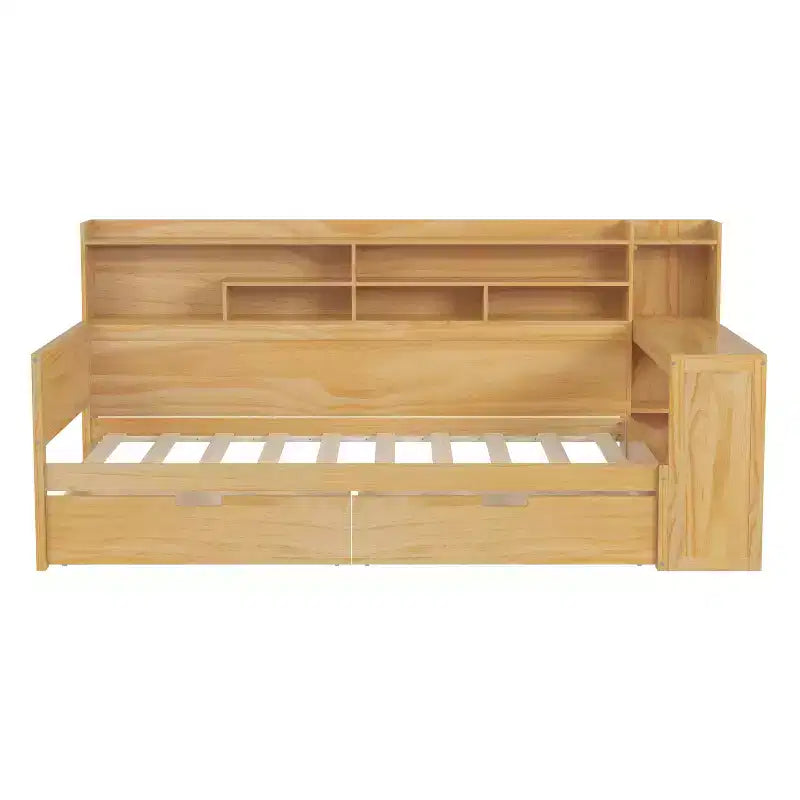 Bellemave Letto a Giorno in Legno con Ripiani, 2 Cassetti e Scrivania Integrata, Letto Multifunzione Salvaspazio Matrimoniale/Singolo, Naturale o Bianco Antico
