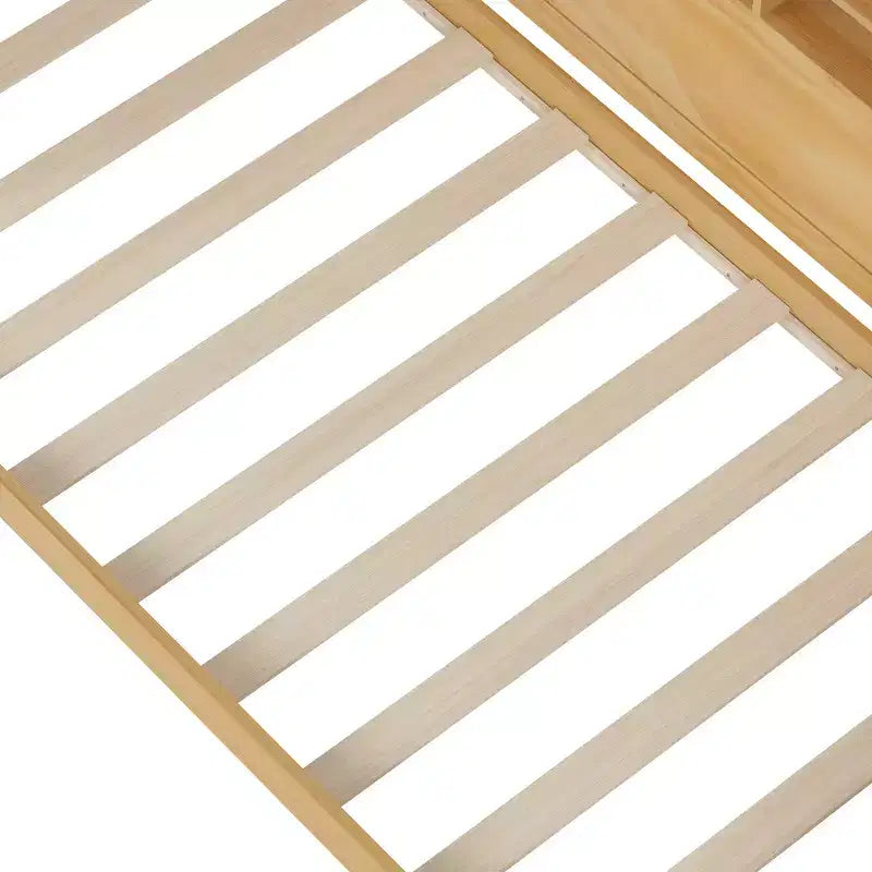 Bellemave Letto a Giorno in Legno con Ripiani, 2 Cassetti e Scrivania Integrata, Letto Multifunzione Salvaspazio Matrimoniale/Singolo, Naturale o Bianco Antico